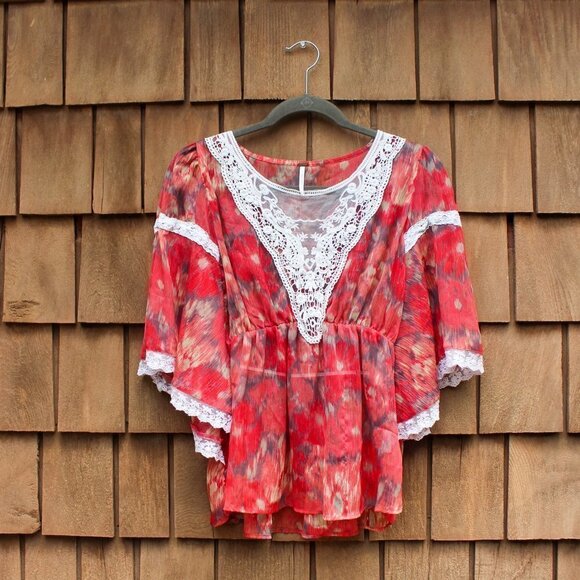 Free People Daydreamer Kimono Style Embroidered Top Lace Sheer Peasant Blouse S - Picture 3 of 9